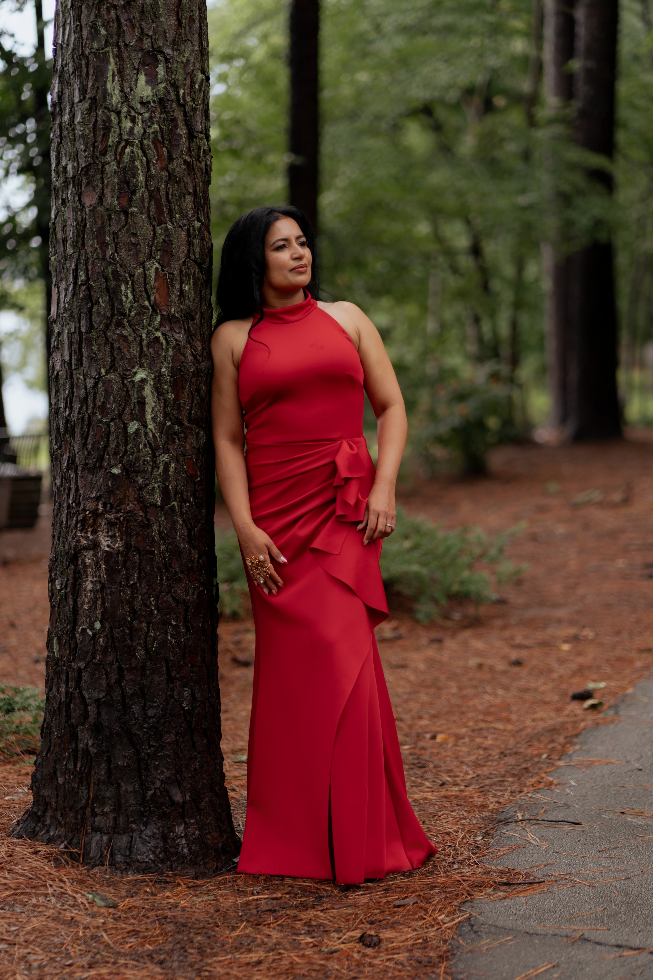 Red Gown — Leaning on Tree